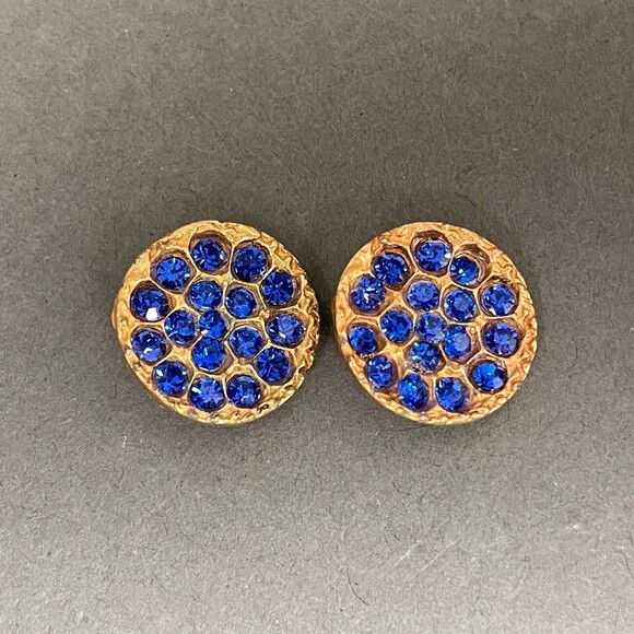 Gold-tone Metal Royal Blue Rhinestones Buttons Lot of 2 - Picture 1 of 4